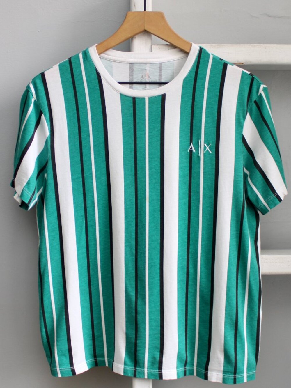 Armani Exchange A|X Mens Vertical Stripe Green White Short-Sleeve T-Shirt Small